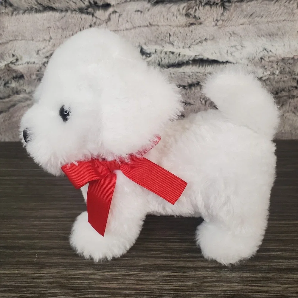 Standing White Puppy Dog Plush Wearing Red‎ Satin Bow 7
